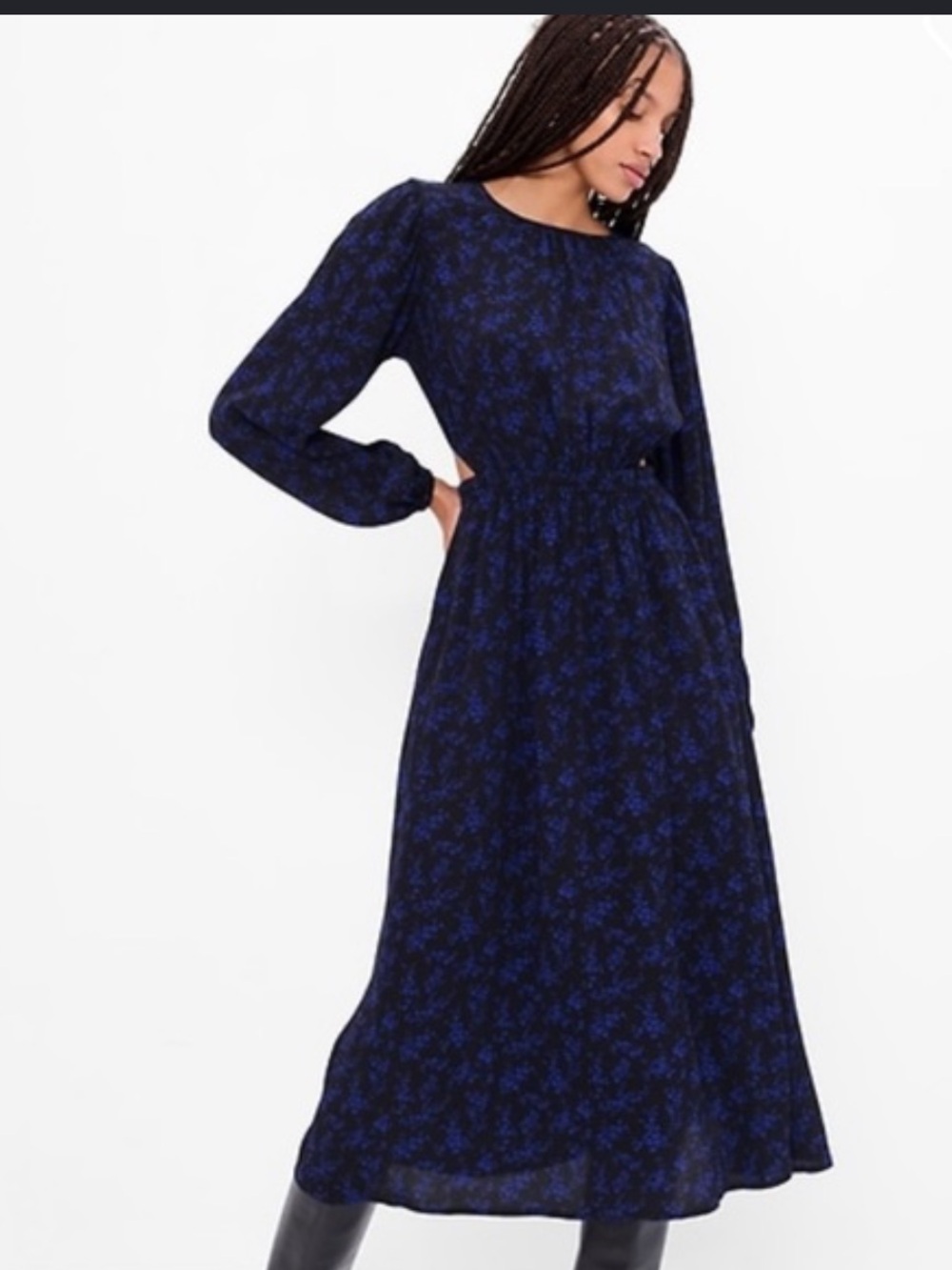 GAP Black and Blue Cut Out Floral Long Sleeve Midi Dress - with pockets